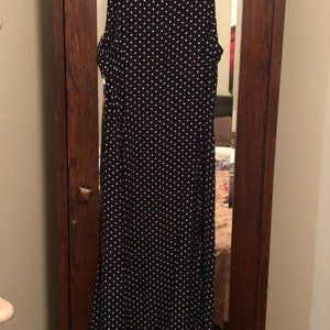 Navy Blue and White Polka Dot Fitted Mid Length Dress.